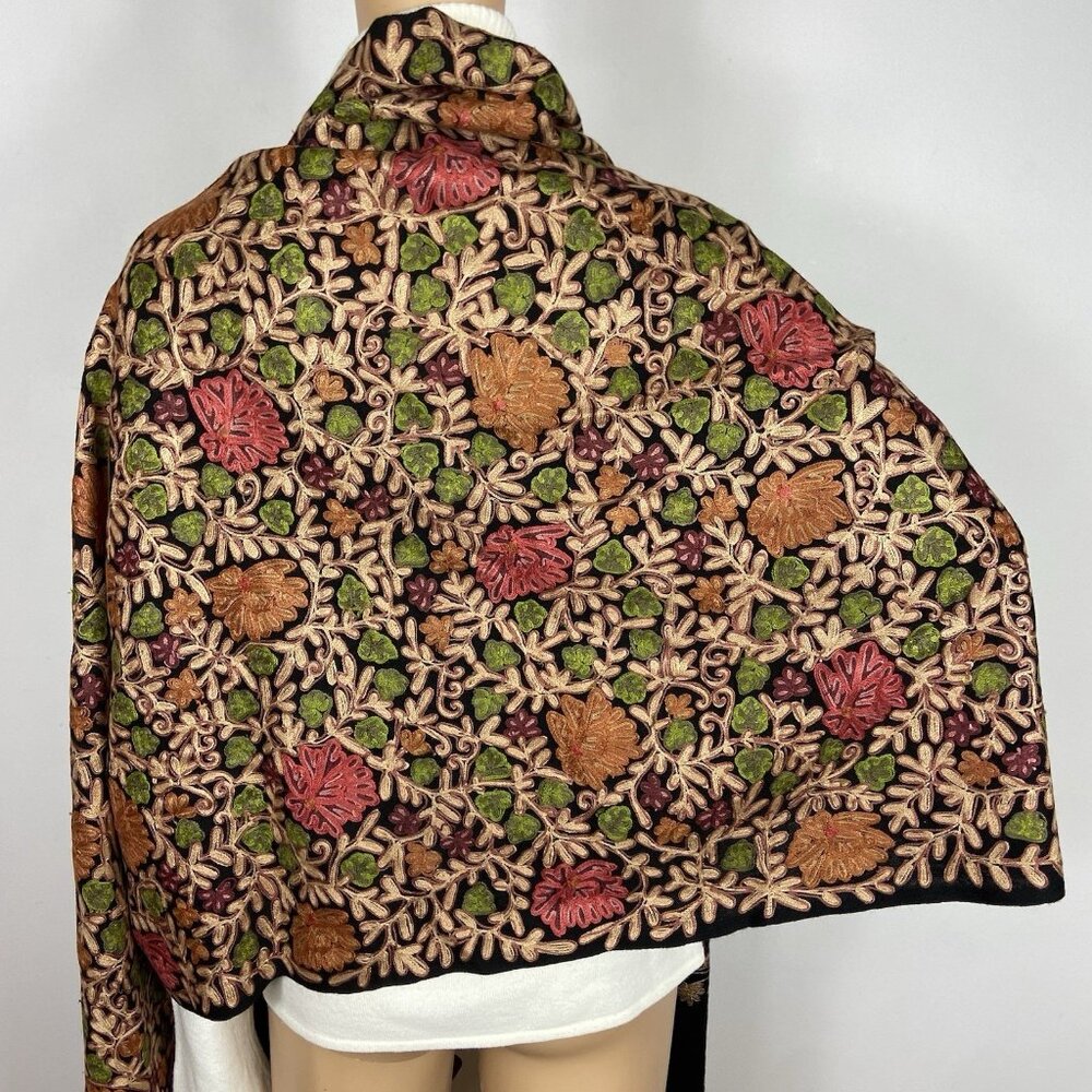 NWT Kitty Shawls 78 x 28 Heavily Embroidered Wool Scarf Fringe Crewel Vtg Look - Picture 5 of 9